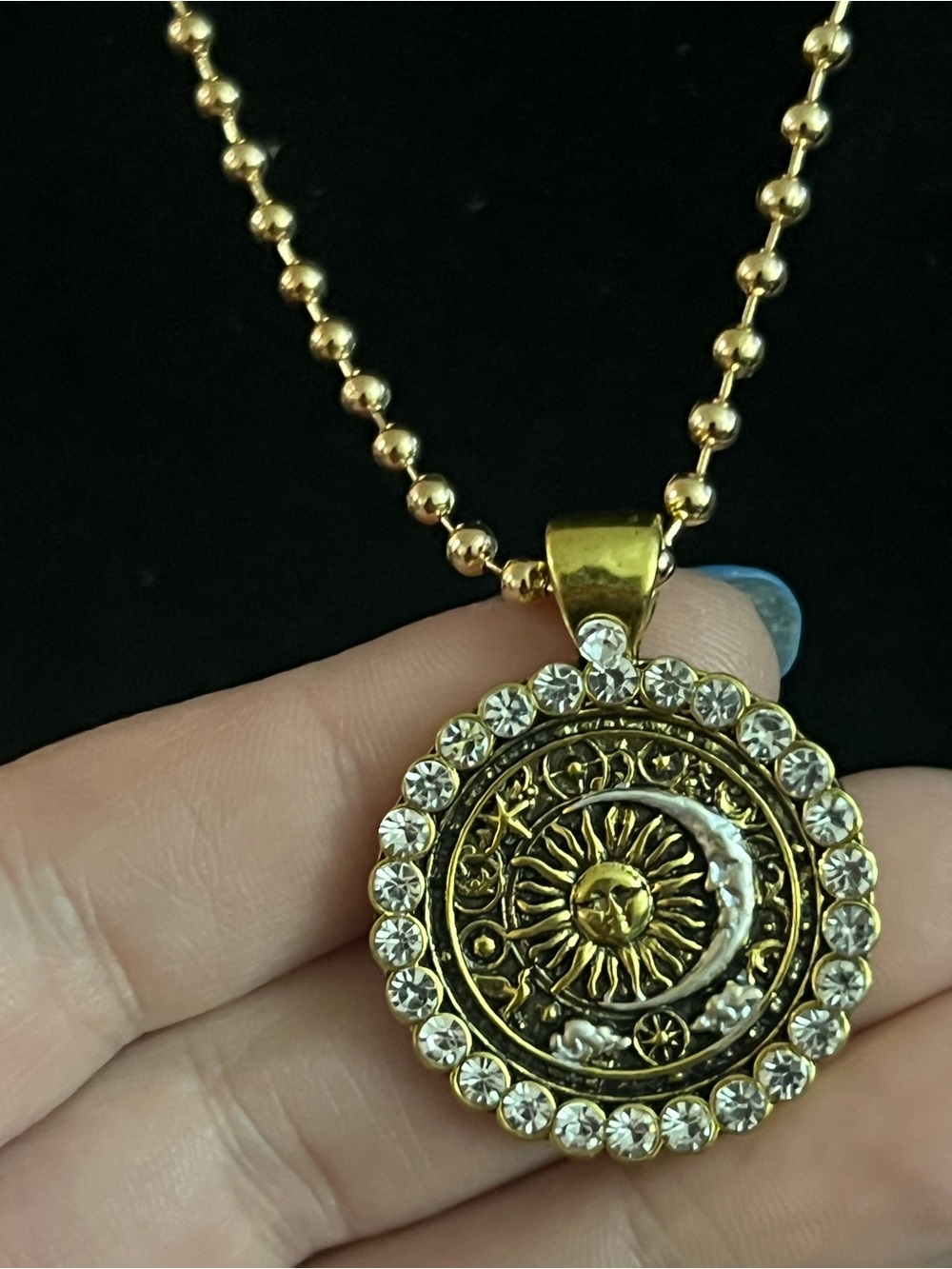 Celestial Sun Moon Rhinestone Pendant Necklace Long Gold Tone Chain